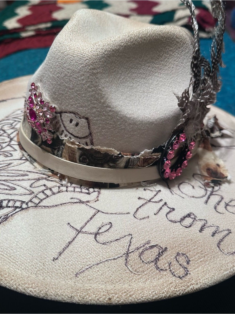 Fantastic Embellished Cream Fedora w/Texas Burned Tx Vibes & Pink Crystal Gems